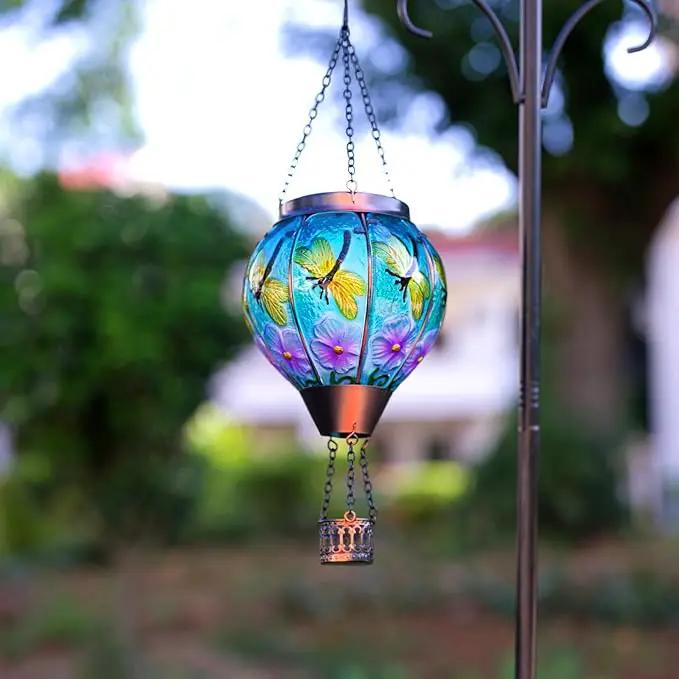 2 Pack Dragonfly Hot Air Balloon Solar Lantern Outdoor Waterproof, Glass Balloon Lanterns for Outside, Decorative Hanging Solar Lights Patio Garden Yard Gift for Women Moms by GreenHaven Gardens