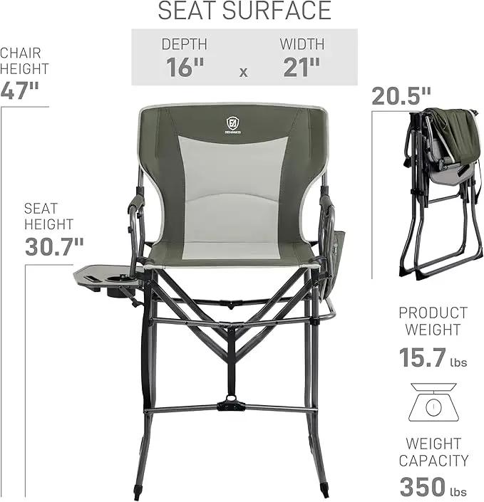 EVER ADVANCED Portable 30.7" Seat Height Tall Folding Camping Chair Directors Chair High Foldable Bar Stool with Side Table for Makeup Artist, Sports Event, Craft Show, Supports 350LBS Green Grey by GreenHaven Gardens