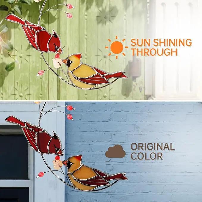 Cardinal Stained Glass Suncatchers for Windows Hanging Decorative,Couple Red Love Birds Sun Catchers for Christmas Ornaments,Real Stained Glass Cardinal Memorial Gifts for Women/Mom by GreenHaven Gardens