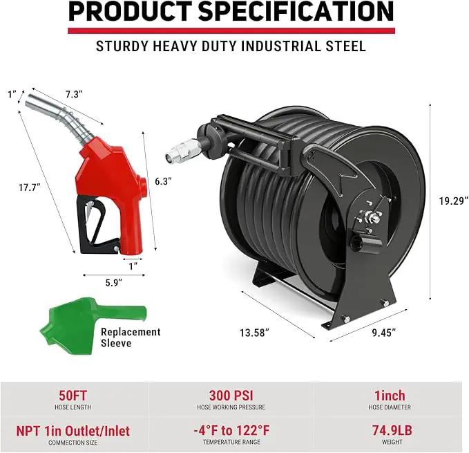 Retractable Fuel Hose Reel 1" x 50' with Fueling Nozzle, 300 PSI Heavy Duty Steel Construction Industrial Auto Swivel Spring Driven Diesel Hose Reel for Aircraft Ship Vehicle Tank Truck, Black by GreenHaven Gardens