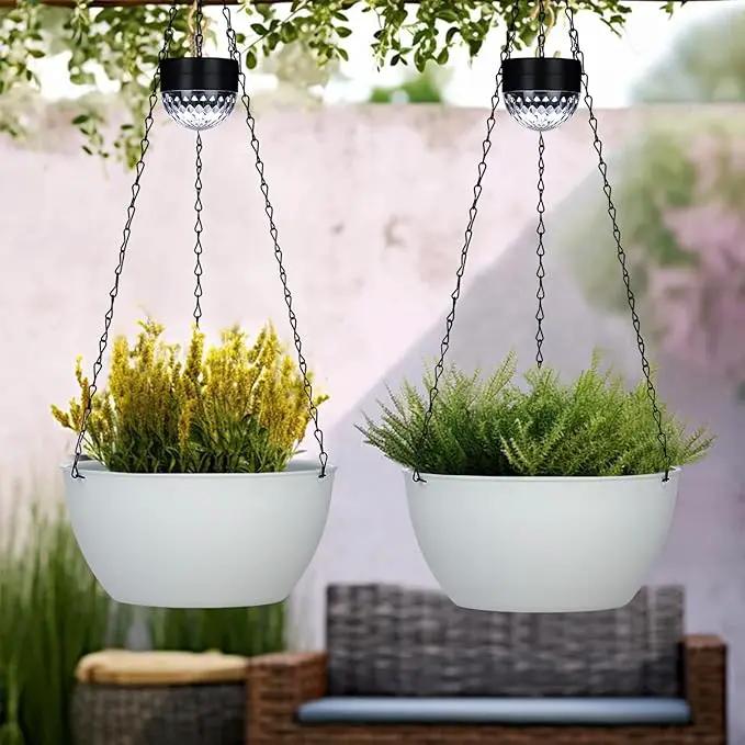 2 Packs Hanging Planters Basket for Outdoor Plants, Solar Powered Self Watering White Round Plastic Flower Pots with Drainer for Balcony Patio Garden Outdoor Decoration by GreenHaven Gardens