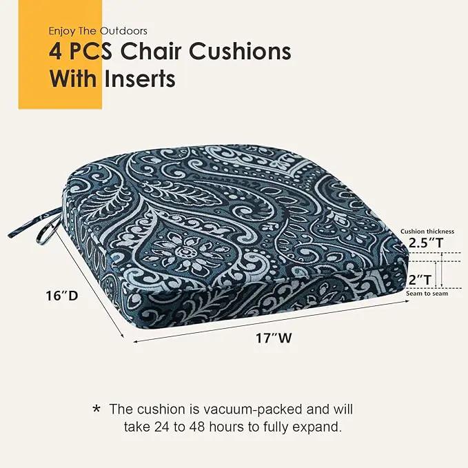 Outdoor Round Corner Seat Cushion, 17"x16"x2", Set of 4, Non Slip Seat Cushion Pads with Removable Cover for Patio Furniture, Garden Yard Lawn, Damask Vine by GreenHaven Gardens