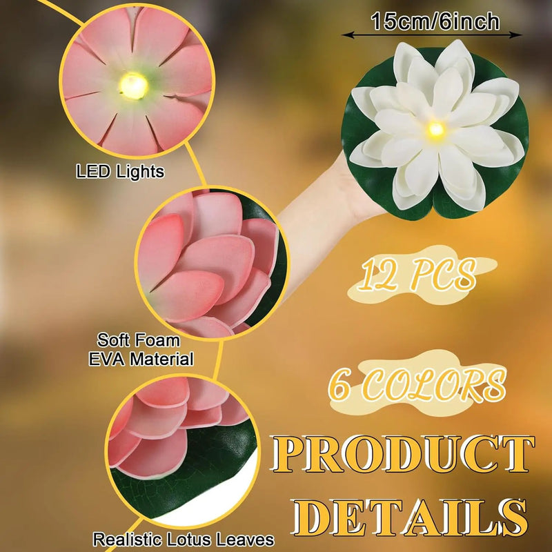 12 PCS Waterproof Floating Lotus Light - Diwali Floating Flower Light Battery Operated Water Activated Warm White Light Pool Flower Lamp Wedding,Anniversary,Garden Decoration(6 Inch, Mix-Color) by GreenHaven Gardens
