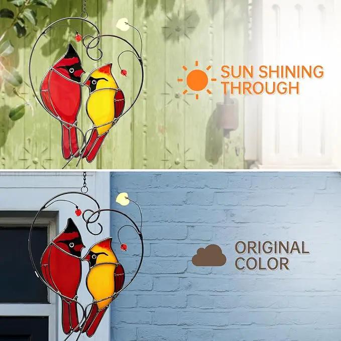 Cardinal Suncatchers Stained Glass for Windows Hangings,Male & Female Cardinal Stained Glass Sun Catchers,Stained Glass Red Love Birds Home Ornament,Gifts for Women by GreenHaven Gardens