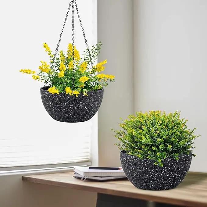 10 inch Hanging Planters for Indoor Outdoor Plants, 2 Pack Hanging Flower Plant Pots with Drainage Holes and Chain for Garden Porch, Plastic Hanging Baskets for House Plants, Speckled Black by GreenHaven Gardens