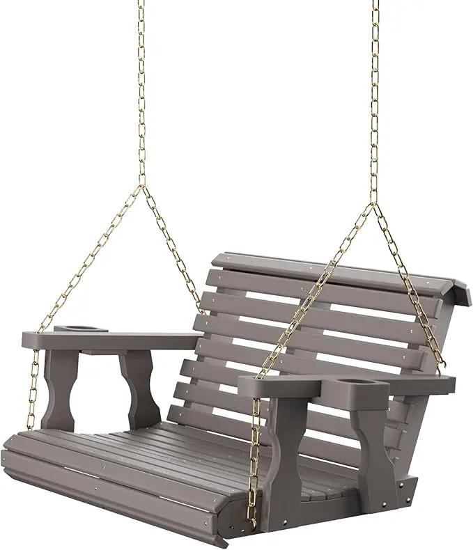 Amish Casual 3 Foot Roll Back Porch Swing with Cup Holders in Semi-Solid Gray Stain - Amish Made in The USA from Treated Pine Heavy Duty 700 Lb. Weight Capacity by GreenHaven Gardens