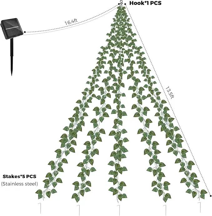 13.5FT*5 Branches Fake Vines with Fairy Lights, Solar Powered Ivy String Lights, 8 Modes Fake Plant Light, Waterproof Triangular Leaf Light for Eaves, Tree, Patio, Garden, Yard, Wedding Decoration by GreenHaven Gardens