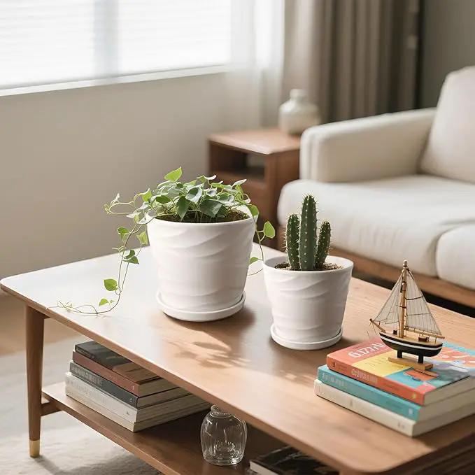 6.7 + 5.5 Inch Plant Pot, Ceramic Planter with Drainage and Saucer，Ceramic Pots for Plants, Indoor Plant pots，Succulent Orchid Flower Pot(Pure White) by GreenHaven Gardens
