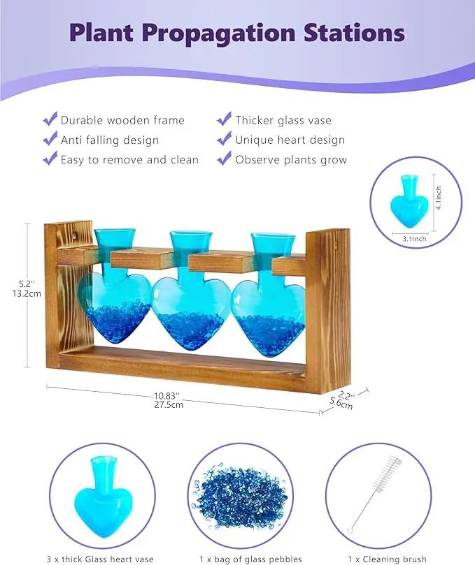 Nacome Plant Terrarium for Office Decor: Wooden Stand Tabletop Planter 3 Bulb Glass Vase Heart Shaped for Hydroponics Indoor Home - Birthday Gifts for Women Mom Grandma by GreenHaven Gardens