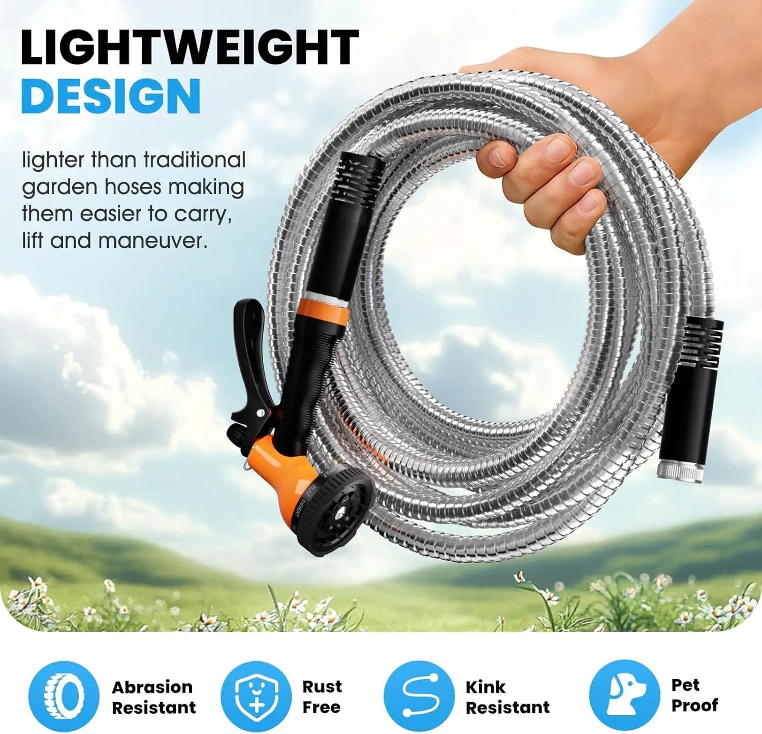 Garden Hose Metal 25 FT, Flexible Stainless Steel Water Hose with 10 Function Nozzle, Kink Free, Lightweight & Durable, Crush Resistant Fitting, Puncture Proof Hose for Yard, Rv, 600 PSI 2025 New by GreenHaven Gardens