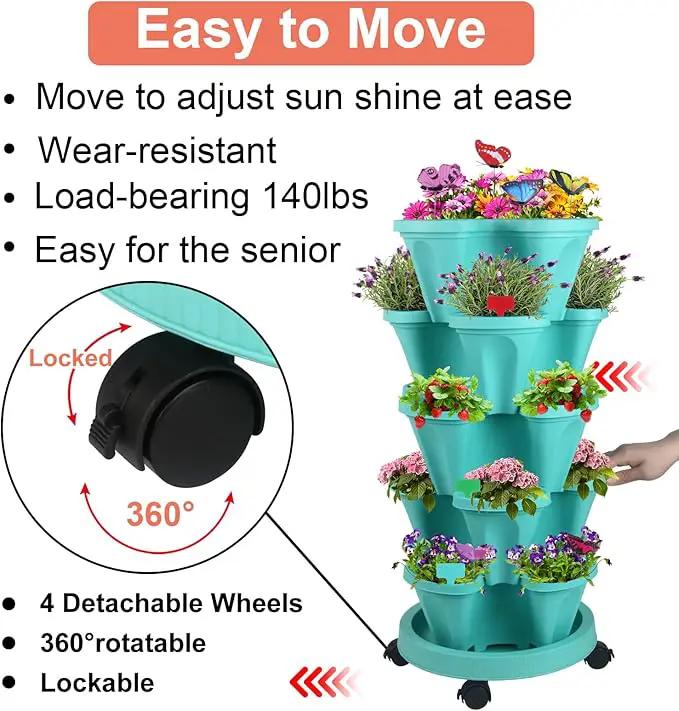 Vertical Planter, 5 Tier Stackable Strawberry Planter with Garden Tool Set, Movable Indoor/Outdoor Garden Herb Pot for Growing Vegetables and Succulents, Teal by GreenHaven Gardens