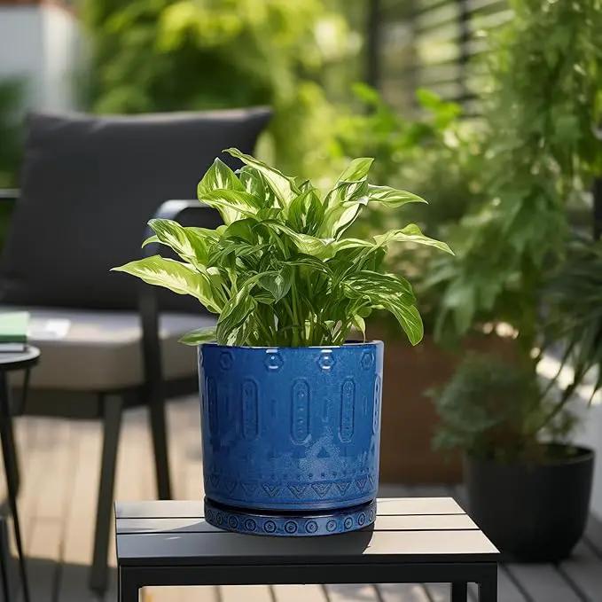 10 Inch Plant Pot - Ceramic Planter Outdoor Plant Pot Indoor with Drainage Holes and Saucer Large Flower Pot Round Decorative Planter for Garden Patio Decor Blue by GreenHaven Gardens