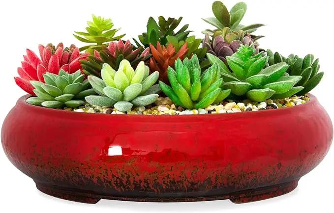 ARTKETTY Succulent Pots - 11.5 Inch Ceramic Bonsai Pots with Drainage, Large Shallow Succulent Planters for Indoor Outdoor Plants, Round Glazed Cactus Flower Plant Container Bowl Home Desk Decor(Red) by GreenHaven Gardens