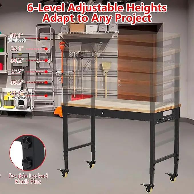 48'' Adjustable Workbench on Wheels, 2000LBS Heavy Duty Worktable with Power Outlets & Drawers & Pegboard, Rubberwood Workstation for Workshop, Garage, Office, Home by GreenHaven Gardens
