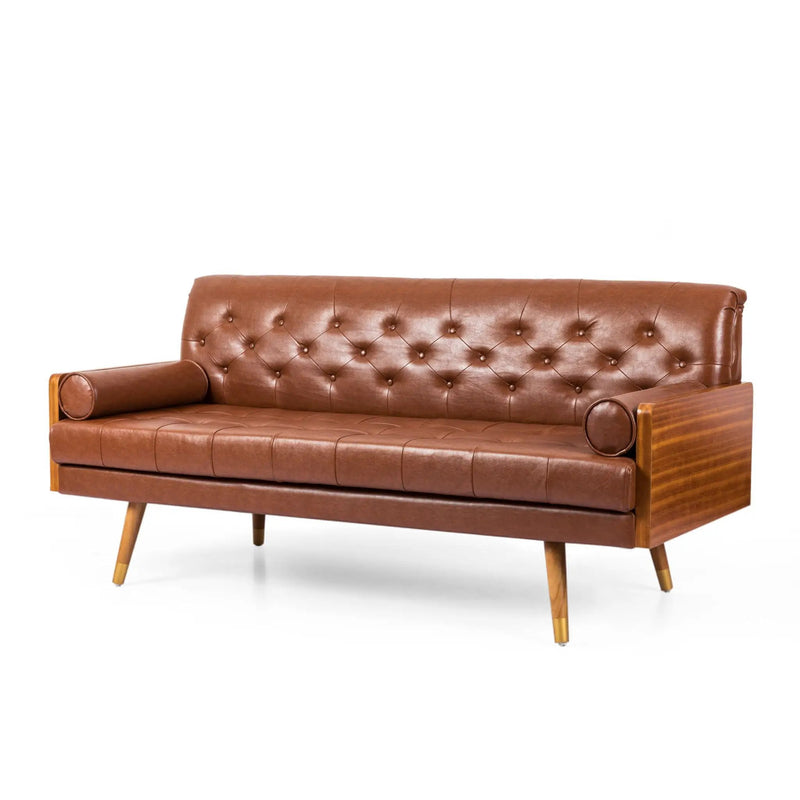 Adelaide Mid Century Modern Tufted Sofa With Rolled Accent Pillows - Light Brown by HouseOfZazla