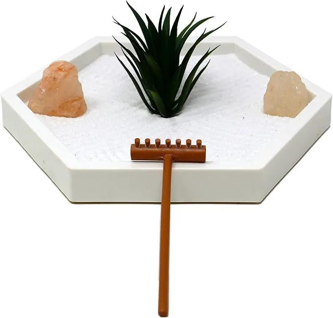 Nature's Mark Mini Zen Garden Kit for Desk with White Sand, Rake, White Base, Salt Rock and Air Plant (Hexagon) by GreenHaven Gardens