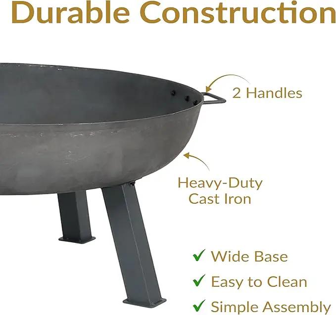 Sunnydaze 34-Inch Cast Iron Heavy-Duty Fire Pit for Outside - Wood-Burning Outdoor Fire Pit Bowl with Handles - Steel Finish by GreenHaven Gardens