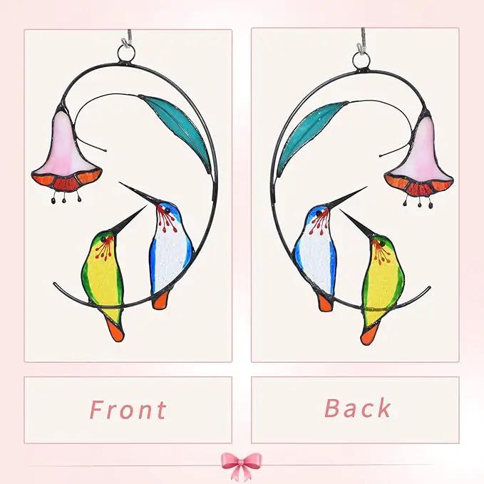 Lolitarcrafts Hummingbird with Flower Stained Glass Suncatcher Bird Stained Glass Window Hangings Hummingbird Gift for Home Decor (Green and Blue) by GreenHaven Gardens