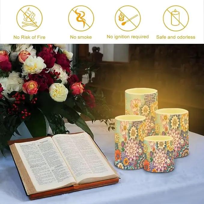 Flameless LED Candles Electric Candles with Remote Timer Control Long Lasting Pillar Candles Tealights Bohemian Style Home Outdoor Decoration Pack of 4, Boho Flower Purple Blue by GreenHaven Gardens