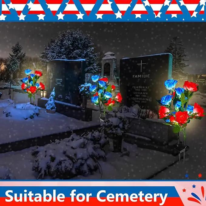 Woanger 4 Pcs Solar Flowers Cemetery Grave Decorations Outdoor LED Flower Lights with 6 Rose Powered Garden Stake Lights Waterproof for Independence Day Grave Decorations (Red, Blue) by GreenHaven Gardens
