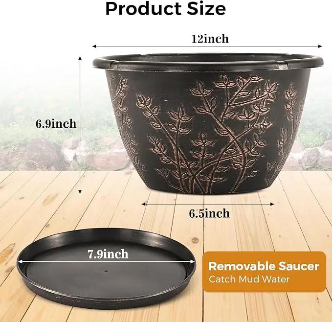 12-inch-Flower-Pots-Outdoor-Indoor, 4 Pack Plastic Planter Pots for Plant with Drainage Hole Saucer, Decorative Resin Garden Container with Tray by GreenHaven Gardens