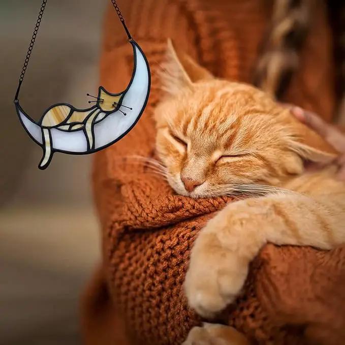 BOXCASA Sleeping Cat Stained Glass Windown Hanging,Yellow Cat on Moon Beautiful Handcrafted Sun Catcher Gifts for Daughter,Mothers Day,Christmas and Cat Lover by GreenHaven Gardens