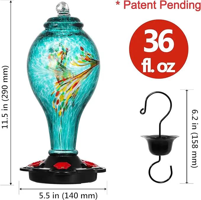 LUJII Hummingbird Feeder, Hand Blown Glass Hummingbird Feeder, Never Fade, 36 Fluid Ounces, 5 Feeding Metal Stations, Much Bigger, Garden Backyard Decorative, Containing Ant Moat (Blue) by GreenHaven Gardens