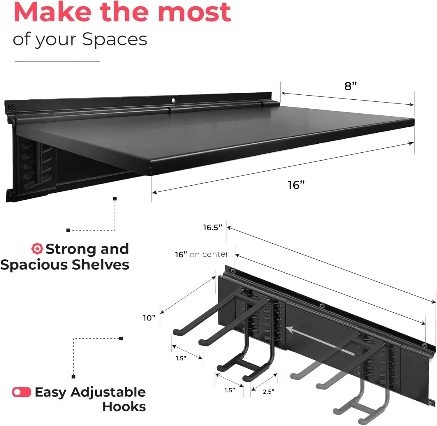 Heavy-Duty Garage Wall Storage System | Wall Mounted Tool Organizer Rack with Shelving | 10-Piece Mounting Kit | Includes 4x10” Double-Layered Hooks & 2x16.5” Floating Utility Shelves by GreenHaven Gardens