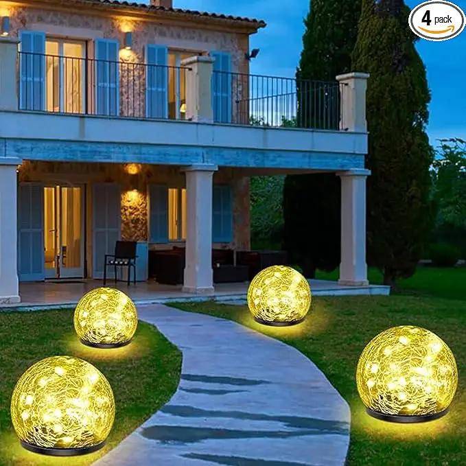 Solar Garden Lights, 4 Pack 120 LED Warm White Cracked Glass Outdoor Decorative, Upgraded Waterproof Ball for Yard Pathway Patio Lawn Christmas Outside Decor, 3.94" by GreenHaven Gardens