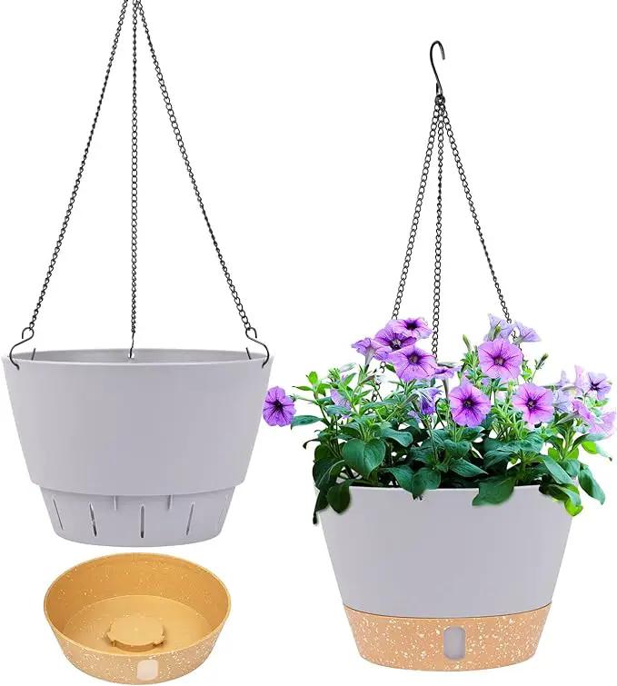 QCQHDU 2 Pack 8 inch Hanging Planters for Indoor Plants, Outdoor Hanging Baskets, Self Watering Pots with Drainage Holes & Removable Tray (Light Grey, 8 inch) by GreenHaven Gardens