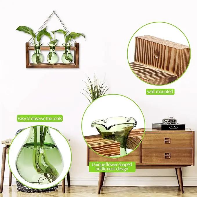 Plant Propagation Station Plant Terrarium Unique Birthday Gifts for Women Plant Lovers Home Office Decor Planter with Wooden Stand - 3 Bulb Glass Vase by GreenHaven Gardens