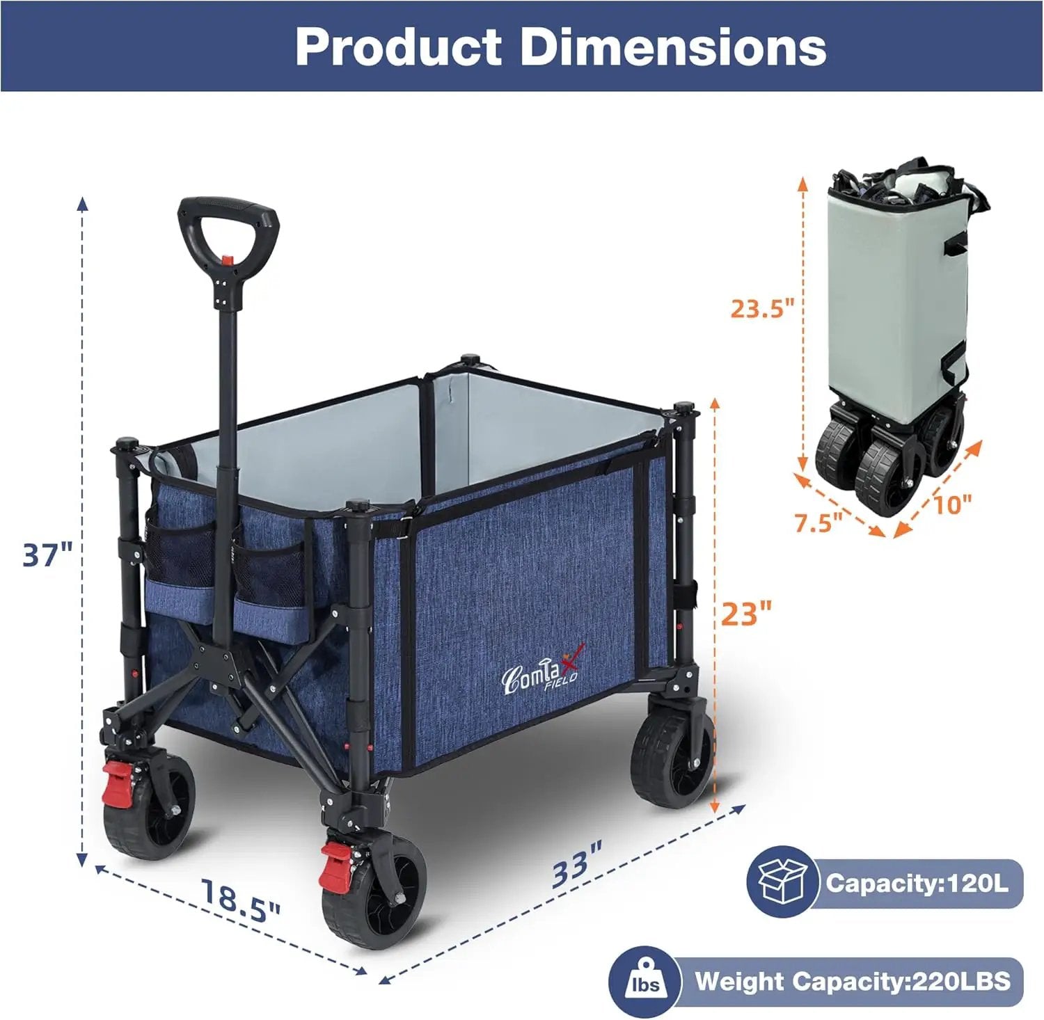 Collapsible Wagon Cart Foldable with Big Wheels Brakes, 250lbs Folding Utility Lightweight Garden Wagon, Portable Grocery Cart for Camping Shopping Sports Pets, Blue by GreenHaven Gardens