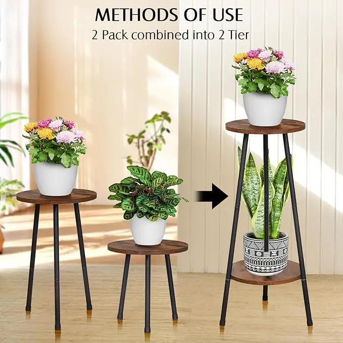 2 Pack Indoor Plant Stand, Mid-Century Wooden Style Plant Holder, Indoor Outdoor Flower Stand,Small Round Table, Two Different Sizes(Black) by GreenHaven Gardens