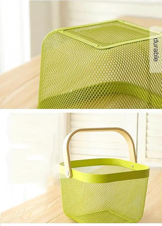 Metal Mesh Steel Basket, Storage Organizer Basket Multi-functional Hanging Kitchen Baskets Fruit Basket with Wooden Handle for Kitchen Bathroom Picnic Shopping Decor Cabinet Home, Macaron Green by GreenHaven Gardens