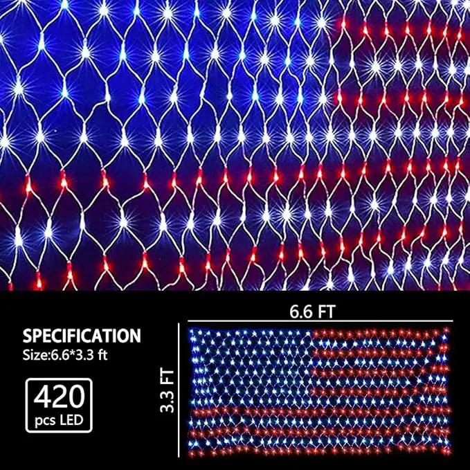 Solar American Flag Lights, Independence Day Decorations 2-in-1 Solar Powered & Plug in US Flag Lights 420 LED 8 Modes Waterproof Flag Lights for July 4th Independence Day, Garden, Yard Decorations by GreenHaven Gardens