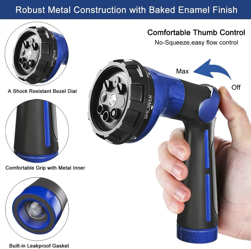 FANHAO Garden Hose Nozzle 100% Heavy Duty Metal Water Hose Sprayer with 8 Spray Patterns, High Pressure Spray Nozzle with Thumb Control, On Off Valve for Watering Plants, Washing Cars & Pets, Blue by GreenHaven Gardens