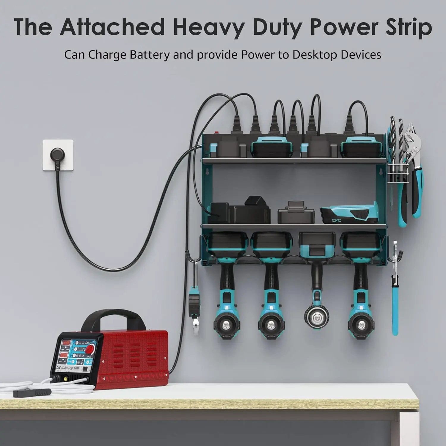CCCEI Modular Power Tool Organizer Wall Mount with Charging Station. Garage 4 Drill Storage Shelf with Hooks, Drill Bit Heavy Duty Rack, Navy Blue Tool Battery Holder Built in 8 Outlet Power Strip. by GreenHaven Gardens