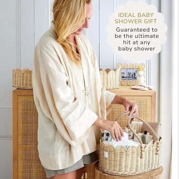 Bebe Bask Premium Baby Changing Basket - Artisan-Crafted Scalloped Rattan - Changing Basket for Baby Dresser - All Accessories Included - Complete Set for Nursery (Natural) by GreenHaven Gardens