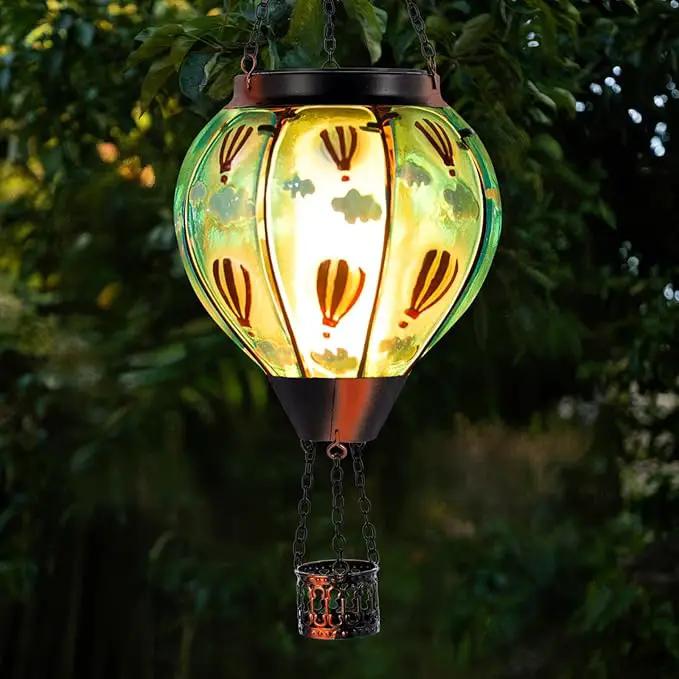 Solar Hot Air Balloon Lantern Flickering Flame, Sky Blue Glass Hot Air Balloon Solar Lantern Outdoor Waterproof, Decorative Hanging Hot Air Balloon Solar Light for Outside Garden Patio Yard by GreenHaven Gardens