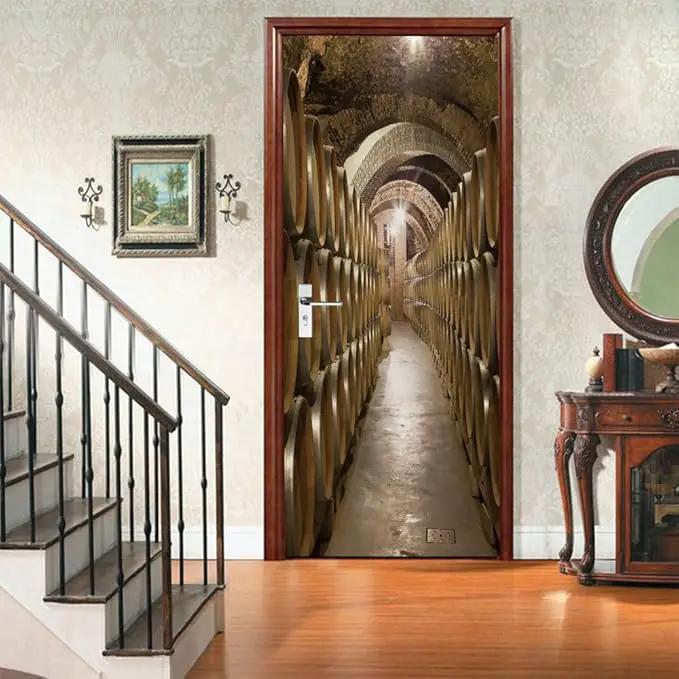 3D Door Stickers Murals - Peel and Stick Wine Cellar Theme - Removable PVC Waterproof Door Poster for Bedroom & Living Room - 34.6" x 78.7" by GreenHaven Gardens