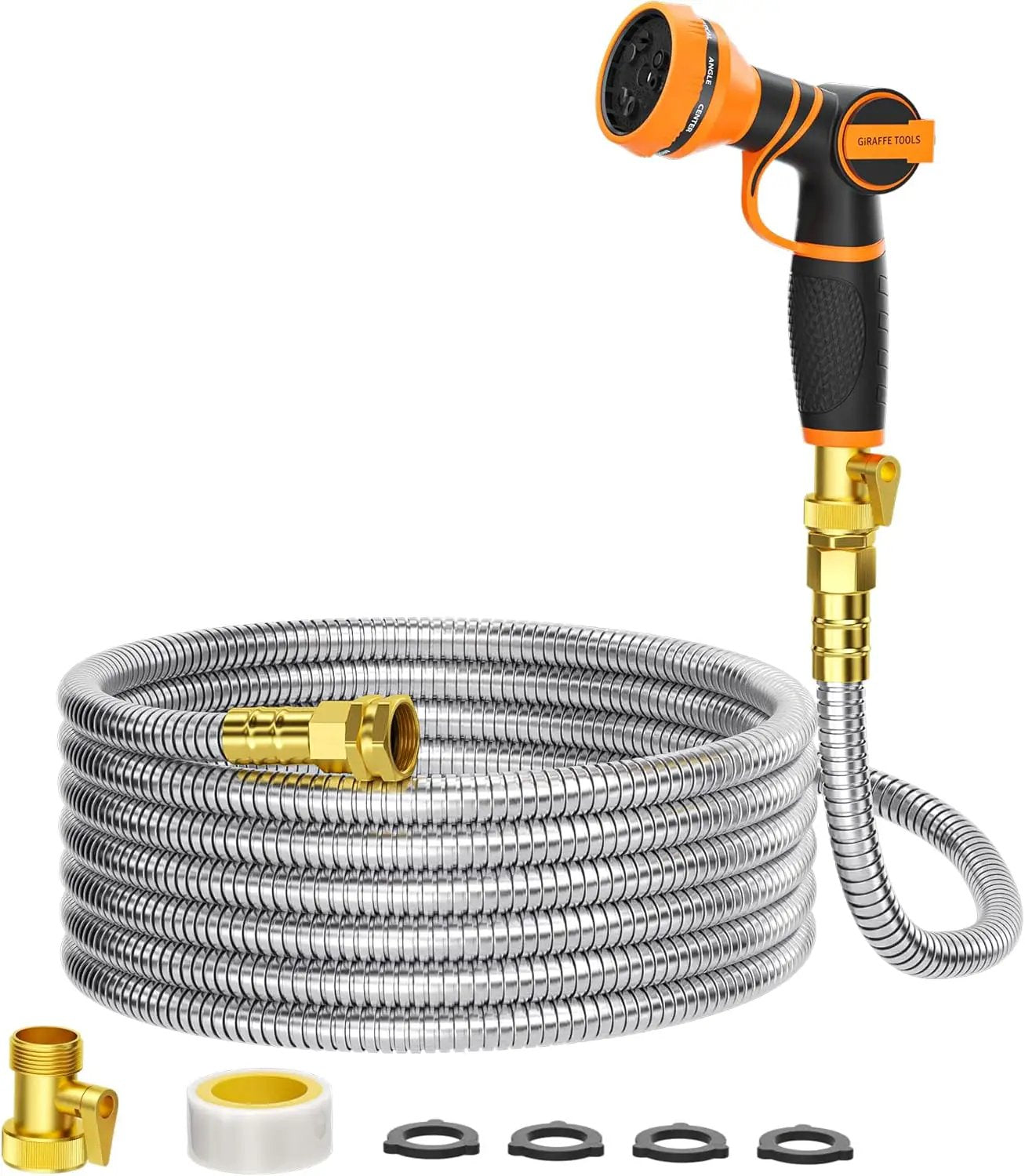 Giraffe Tools Garden Hose 50ft x 5/8", 304 Stainless Steel Metal Water Hose, No Kink Garden Water Hose with 9 Pattern Spray Nozzle, Flexible, Lightweight, Kink Free Hose for Yard, Outdoor by GreenHaven Gardens
