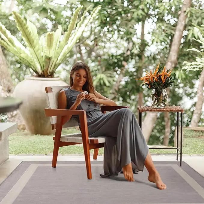 CAMILSON Outdoor Rug 6x9,Modern Outside Rugs for Patios Porches Waterproof Durable Washable Non-Shedding, Easy-to-Clean Indoor Outdoor Area Carpet (6 x 9, Bordered - Gray/White) by GreenHaven Gardens
