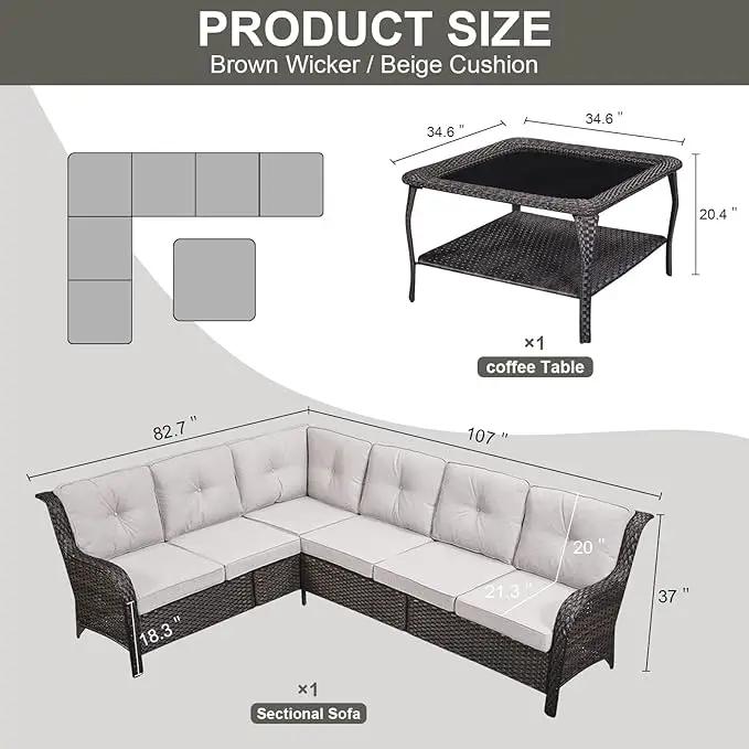 Outdoor Furniture Sectional Sofa L Shaped Couch - Patio Wicker Set with Coffee Table, 3 Piece Rattan Patio Conversation Sets with Beige Cushion for Deck Backyard Sunroom by GreenHaven Gardens