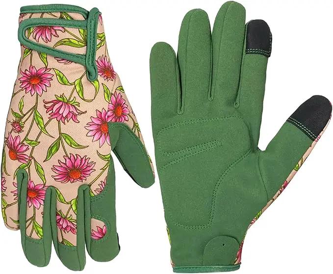 Gardening Gloves for Women, Garden Gloves with Touch Screen, Thorn Proof Puncture Resistant Working Gloves, Gardening Gifts for Women (Green with Pink Flowers, Medium) by GreenHaven Gardens