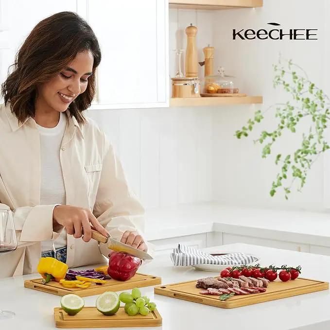 Wood Cutting Board for Kitchen - Reversible Bamboo Cutting Boards Gift Set of 3 with Juice Groove, Wooden Chopping Board for Meat, Fruit, Vegetables & Cheese (Pre Oiled, Natural) by GreenHaven Gardens
