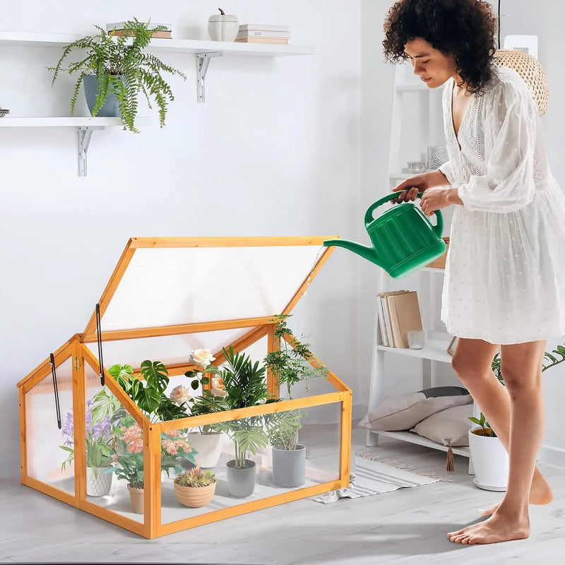 VINGLI Cold Frame Greenhouse, Mini Wooden Green House with Flip-Top Roof, Raised Flower Planter Shelf, Small Lockable Wood Cabinet for Plants Indoor Outdoor (Yellow, 35.43" x 30.71" x 23.23") by GreenHaven Gardens