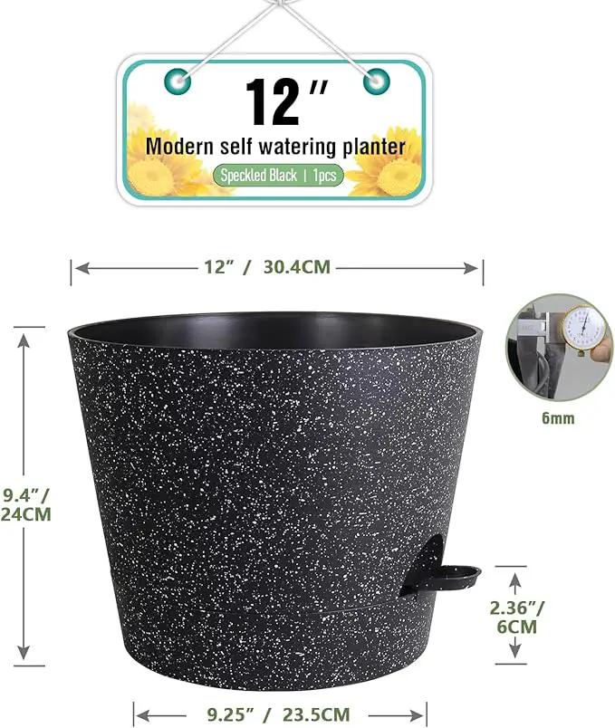 12 inch Large Self Watering Pots, Plant Pots with Mesh Drainage Holes for Indoor Outdoor Plants, Plastic Planters with Deep Reservoir for Garden House Flower Plants, Speckled Black by GreenHaven Gardens