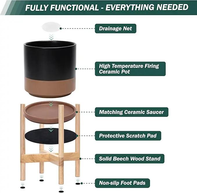 D'vine Dev Ceramic Planter with Natural Stand - 8 Inch Modern Round Flower Pot with Wood Planter Holder, Black/Speckled Tan, 55-B-N-7 by GreenHaven Gardens