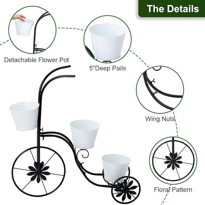 BAYN Bicycle Planter Stand, Metal Flower Pot Cart Holder Tricycle Planter with 3 Plant Bucket Outdoor Decorative for Patio, Deck, Garden or Lawn by GreenHaven Gardens