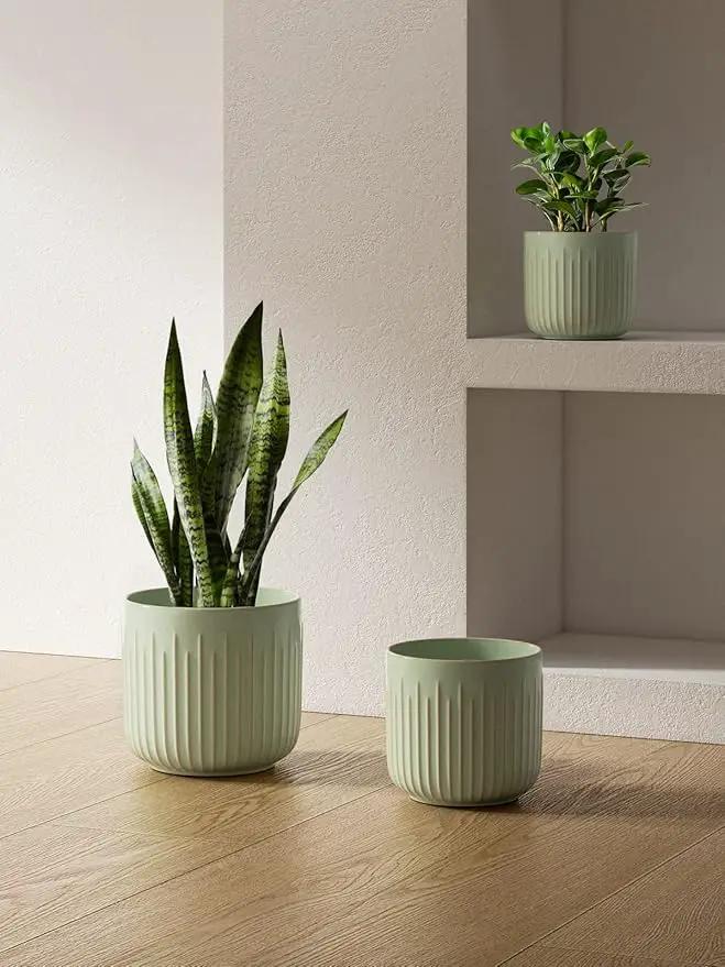 LE TAUCI Ceramic Planters, 8.3+6.9+5.7 Inch Plant Pots for Indoor Plants, Set of 3 Flower Pot with Drainage Holes, Large Round Planters Pot for Indoor House Plants, Reactive Glaze Sage Green by GreenHaven Gardens
